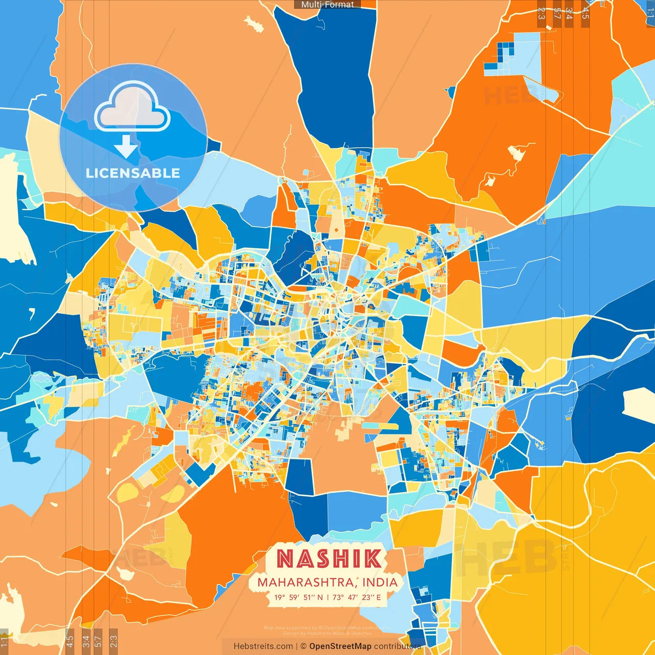 Nashik, Maharashtra, India blue and orange vector art map template