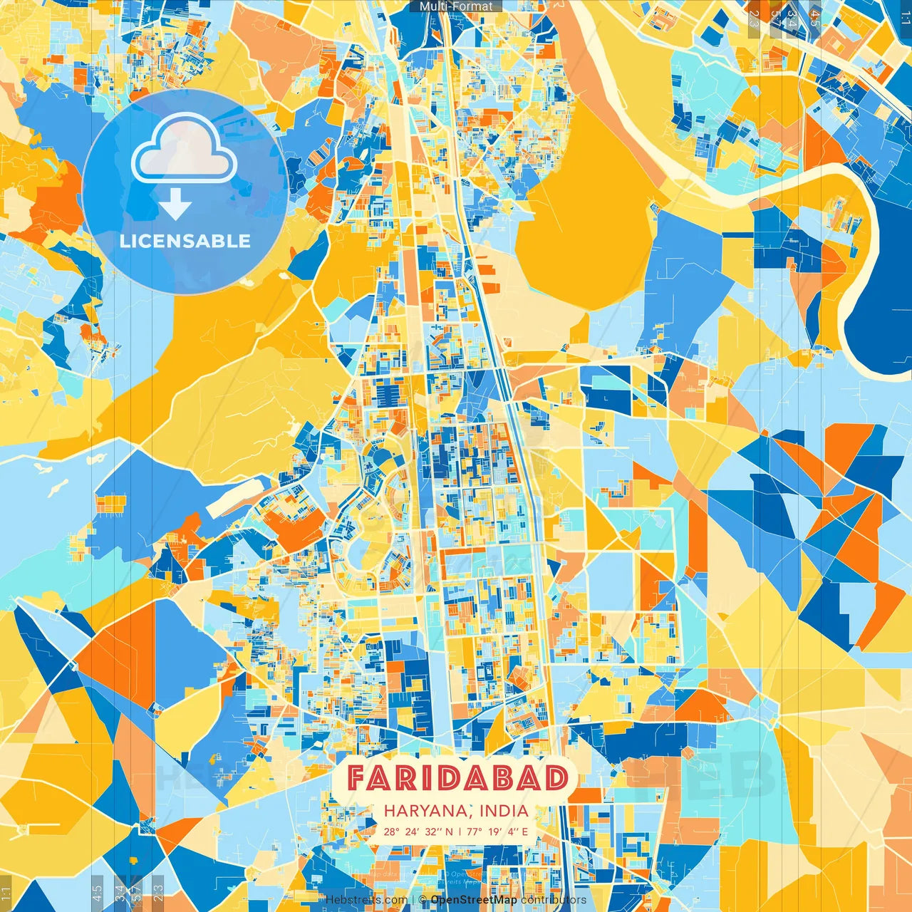 Faridabad, Haryana, India blue and orange vector art map template