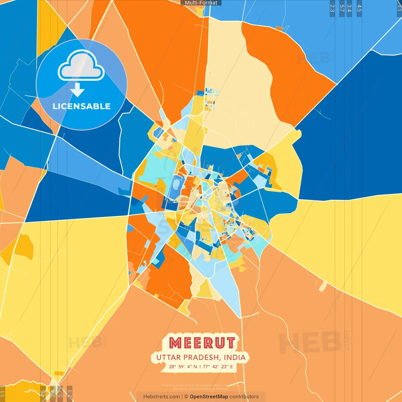 Meerut, Uttar Pradesh, India blue and orange vector art map template