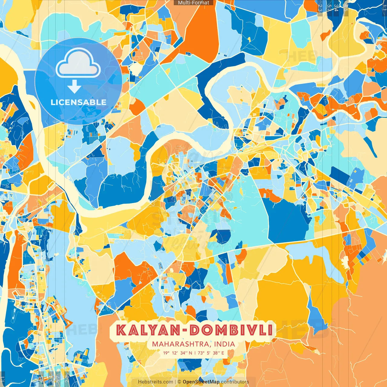 Kalyan-Dombivli, Maharashtra, India blue and orange vector art map template