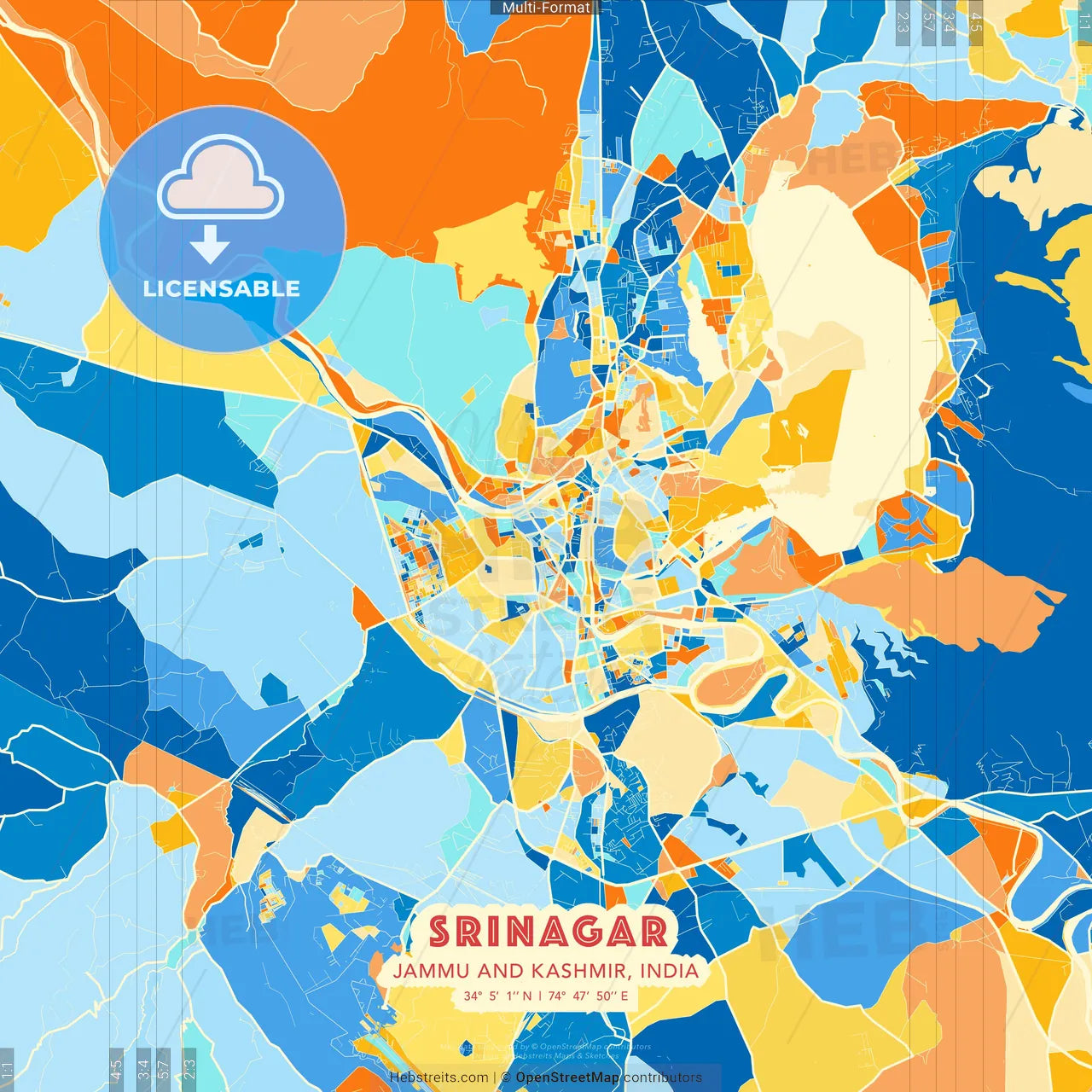 Srinagar, Jammu and Kashmir, India blue and orange vector art map template