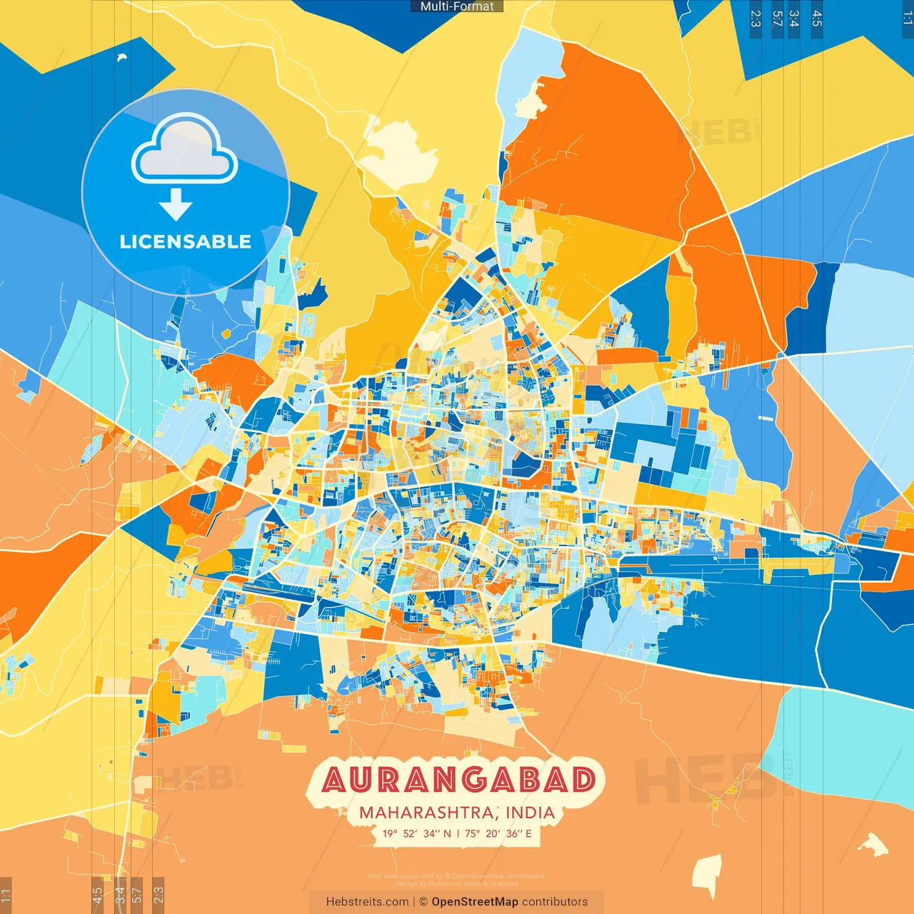 Aurangabad, Maharashtra, India blue and orange vector art map template