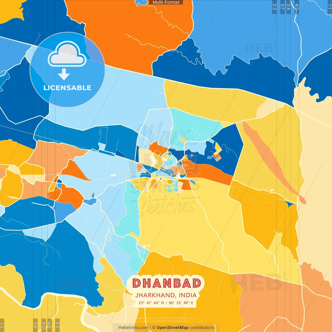 Dhanbad, Jharkhand, India blue and orange vector art map template