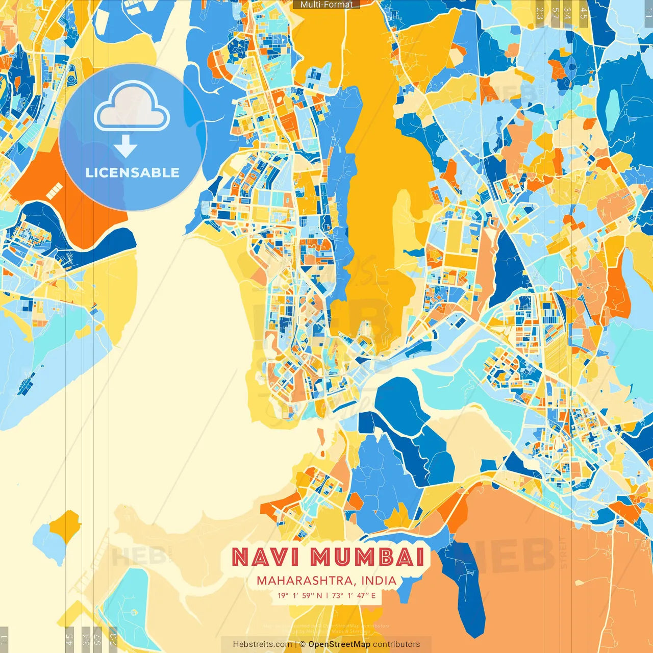 Navi Mumbai, Maharashtra, India blue and orange vector art map template
