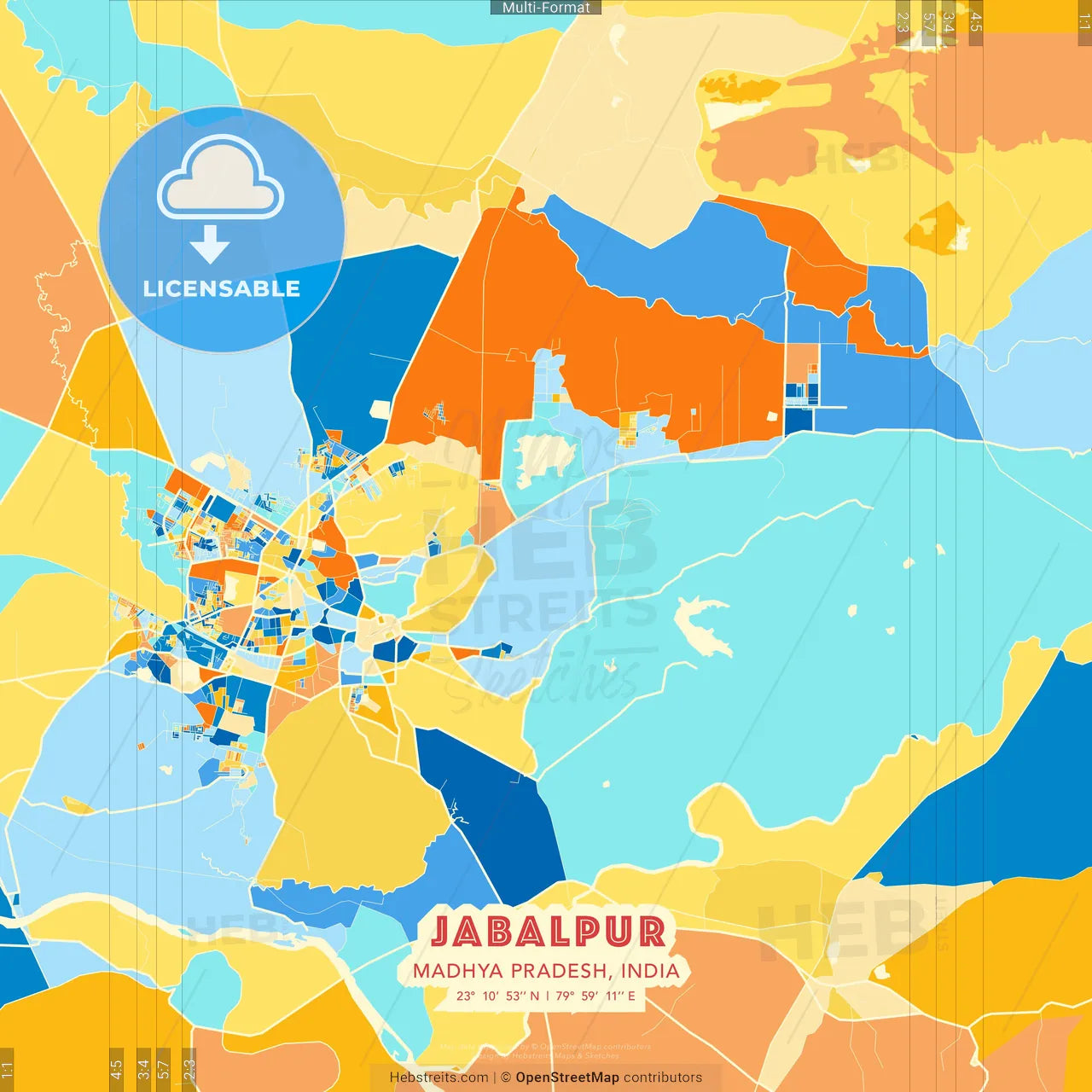 Jabalpur, Madhya Pradesh, India blue and orange vector art map template