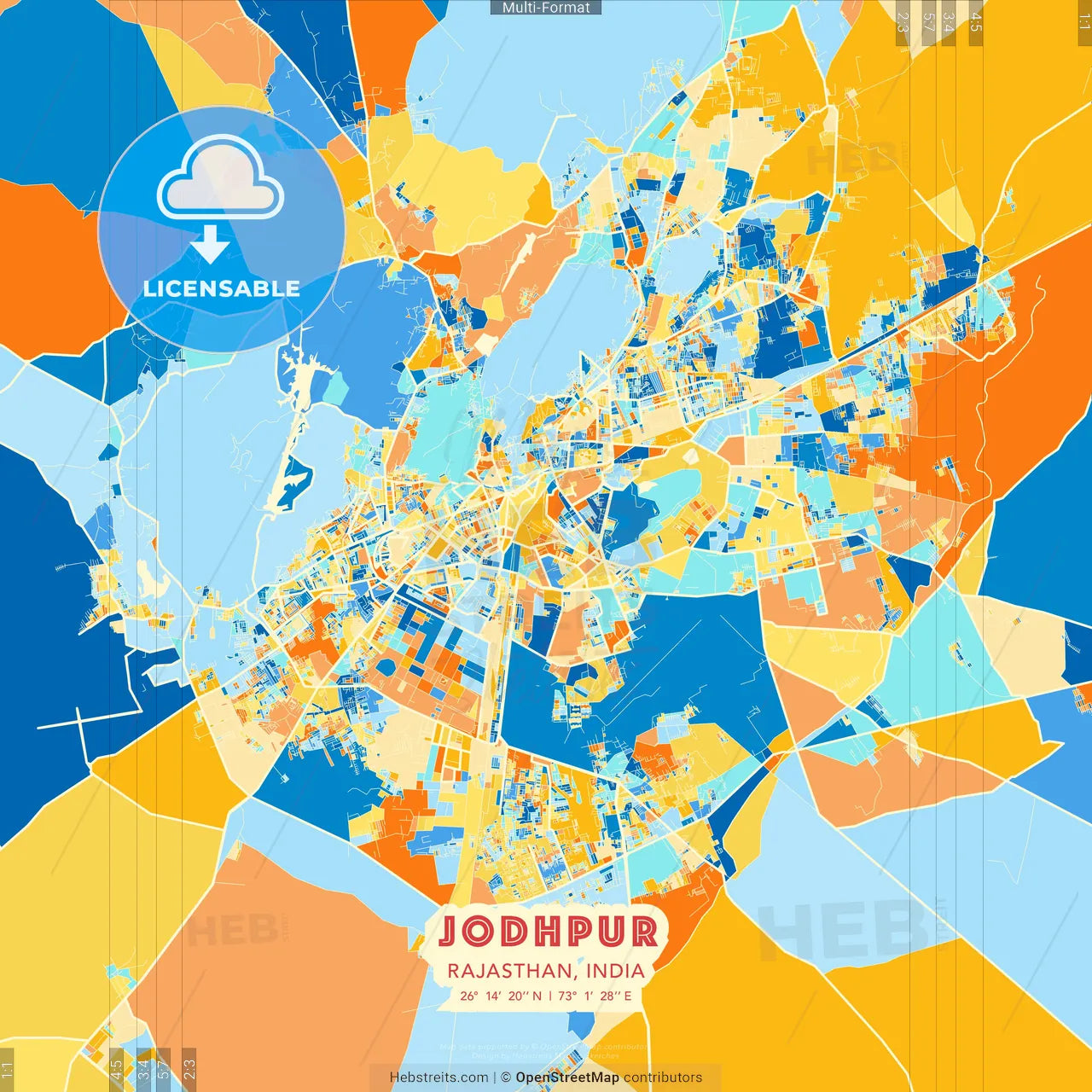 Jodhpur, Rajasthan, India blue and orange vector art map template