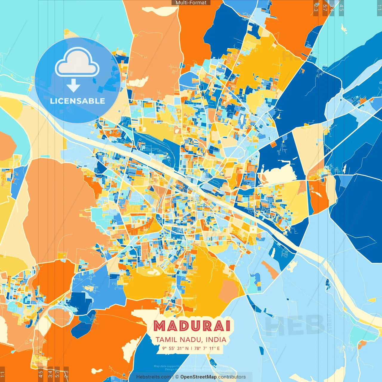 Madurai, Tamil Nadu, India blue and orange vector art map template