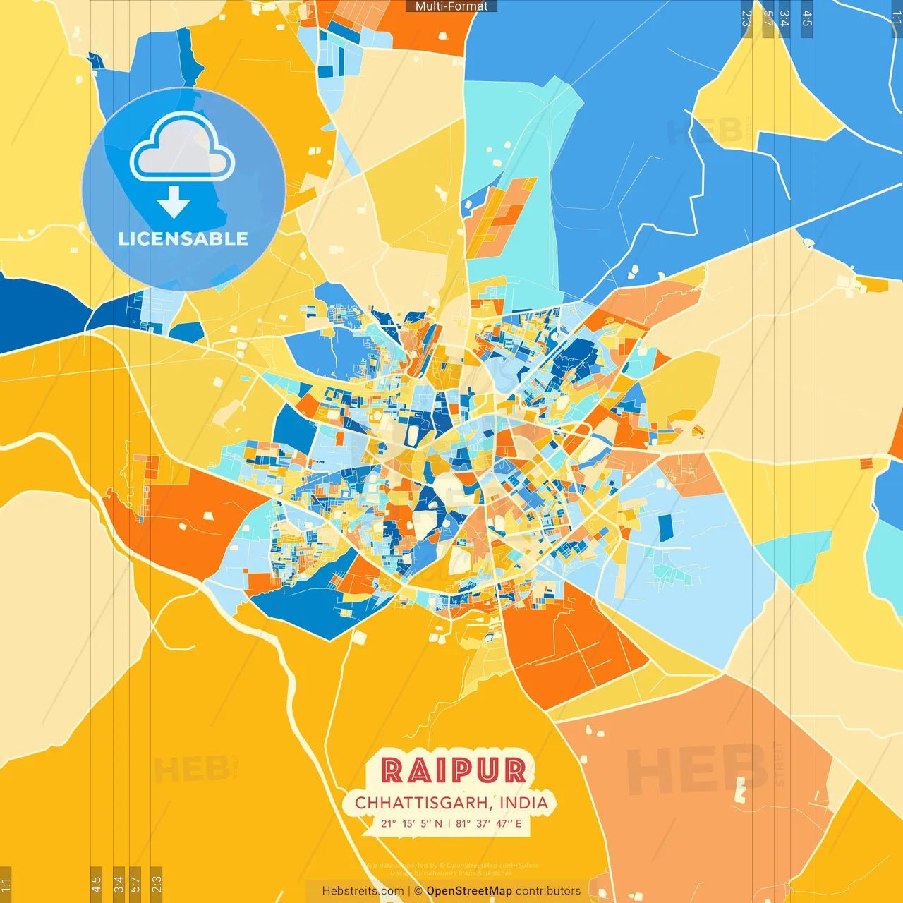 Raipur, Chhattisgarh, India blue and orange vector art map template