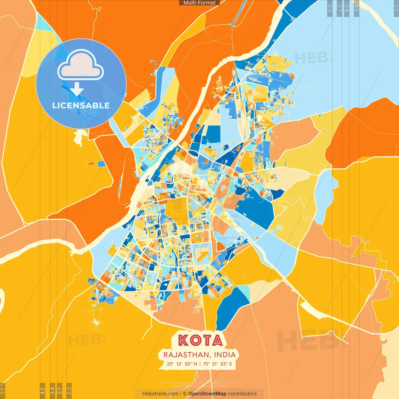 Kota, Rajasthan, India blue and orange vector art map template