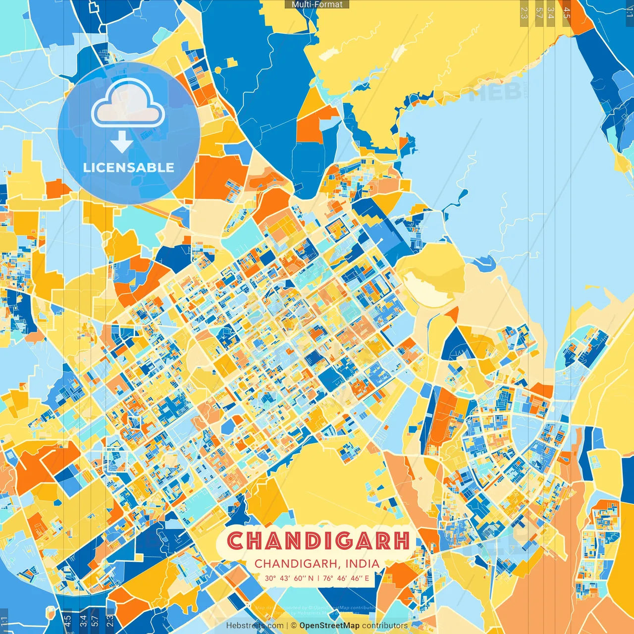 Chandigarh, Chandigarh, India blue and orange vector art map template