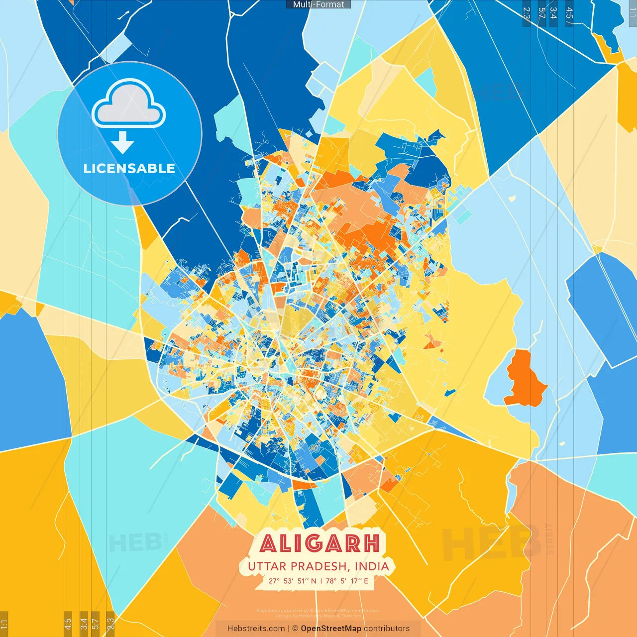 Aligarh, Uttar Pradesh, India blue and orange vector art map template