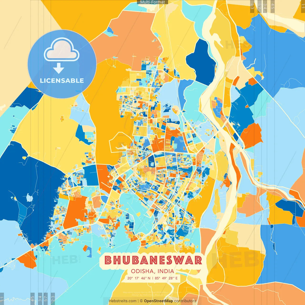 Bhubaneswar, Odisha, India blue and orange vector art map template