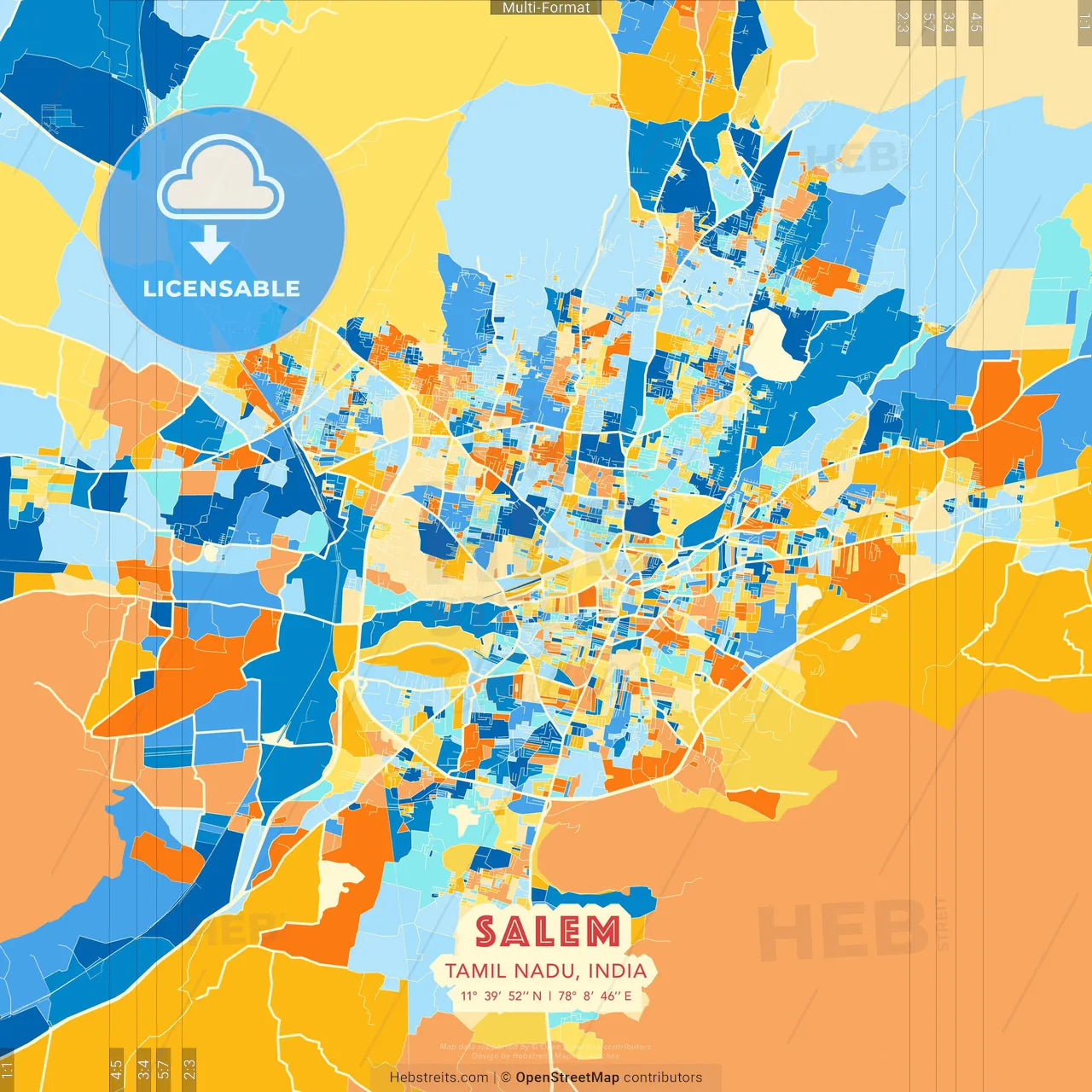 Salem, Tamil Nadu, India blue and orange vector art map template