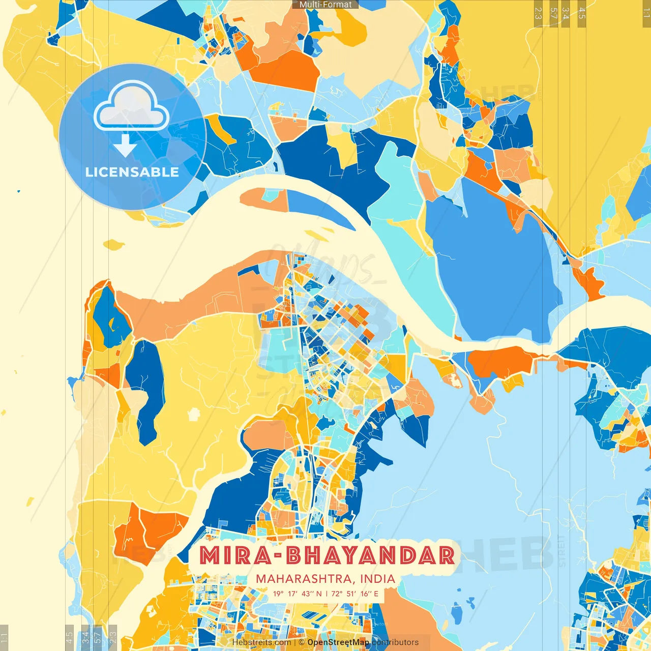 Mira-Bhayandar, Maharashtra, India blue and orange vector art map template