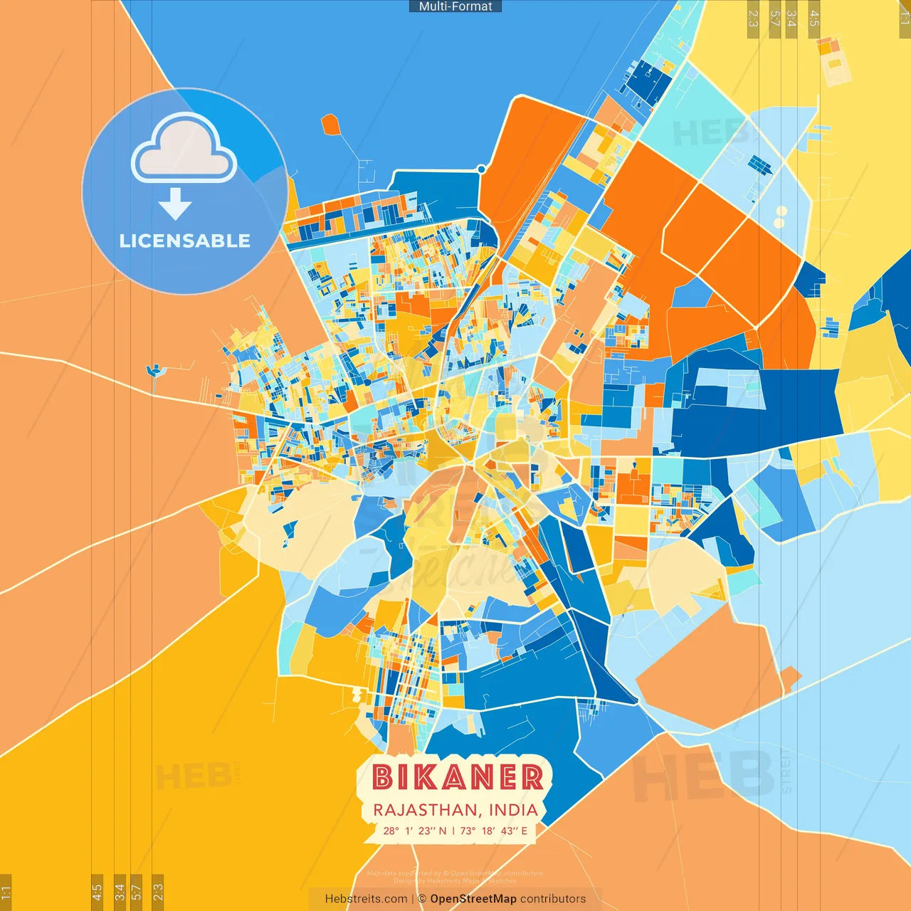 Bikaner, Rajasthan, India blue and orange vector art map template