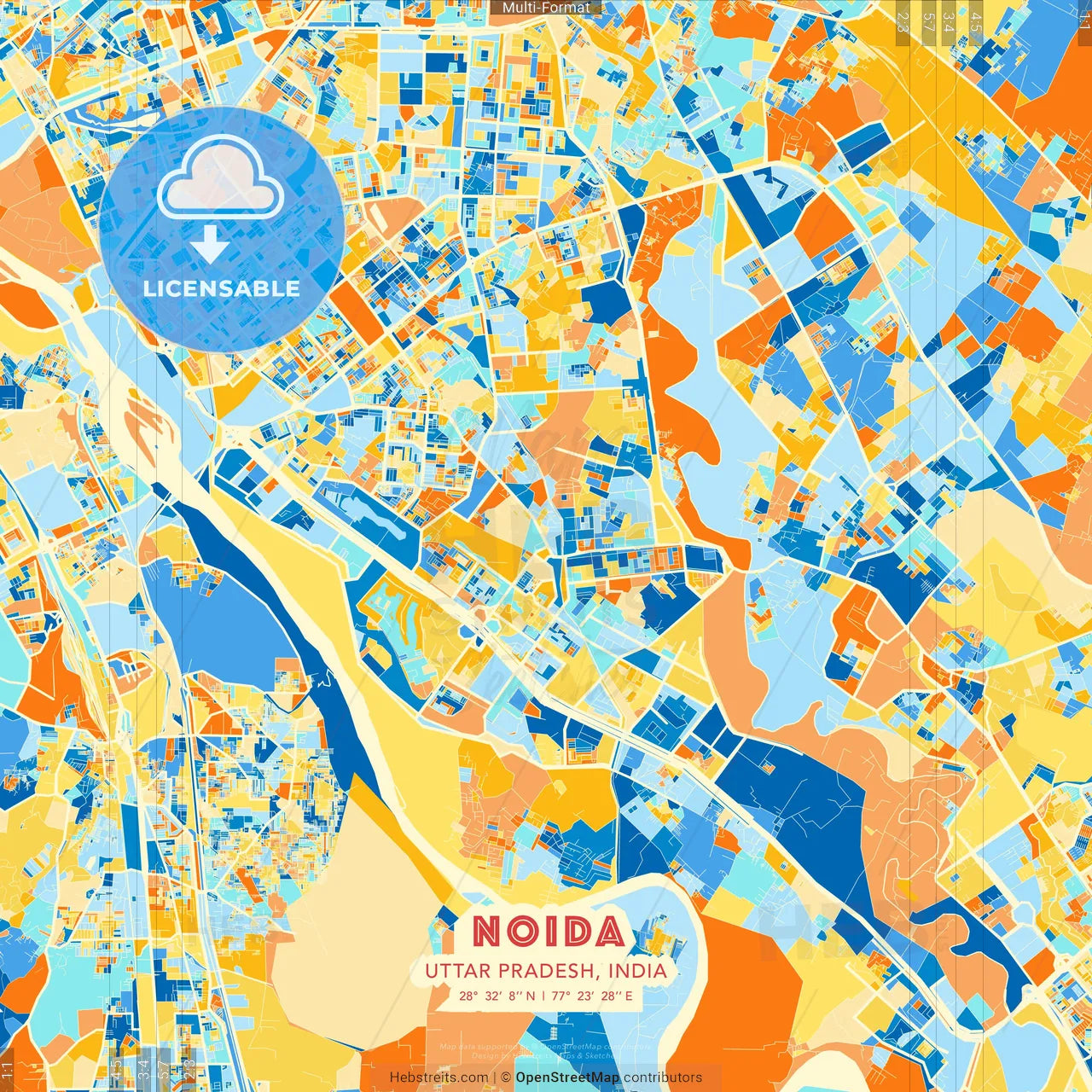 Noida, Uttar Pradesh, India blue and orange vector art map template