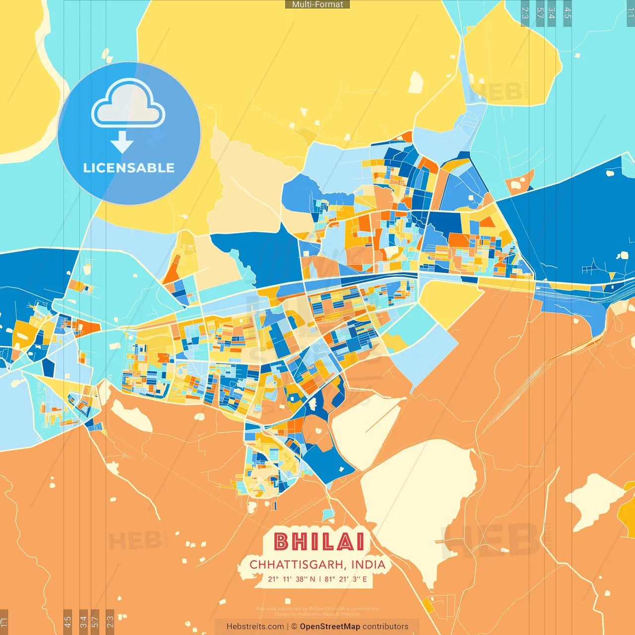 Bhilai, Chhattisgarh, India blue and orange vector art map template