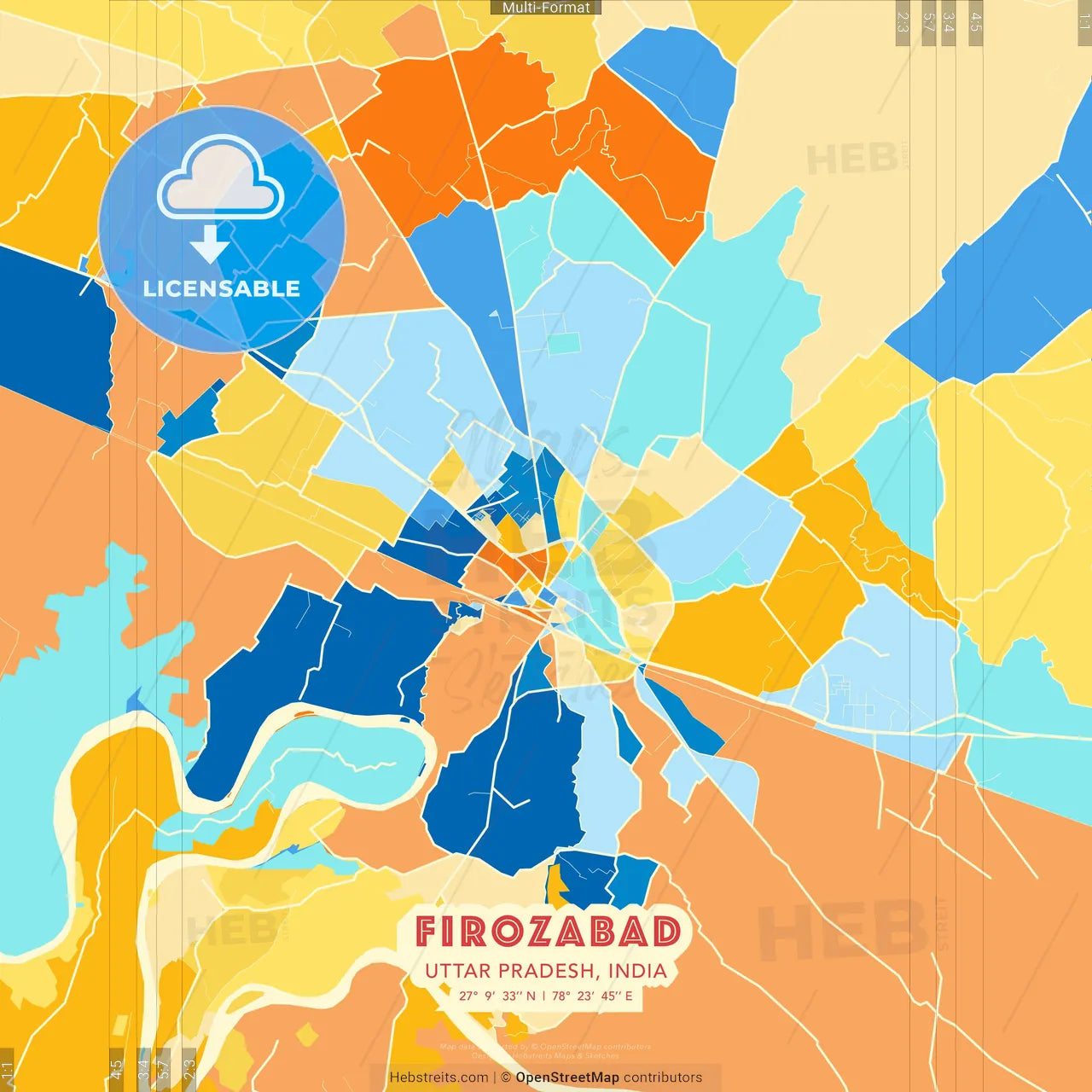Firozabad, Uttar Pradesh, India blue and orange vector art map template