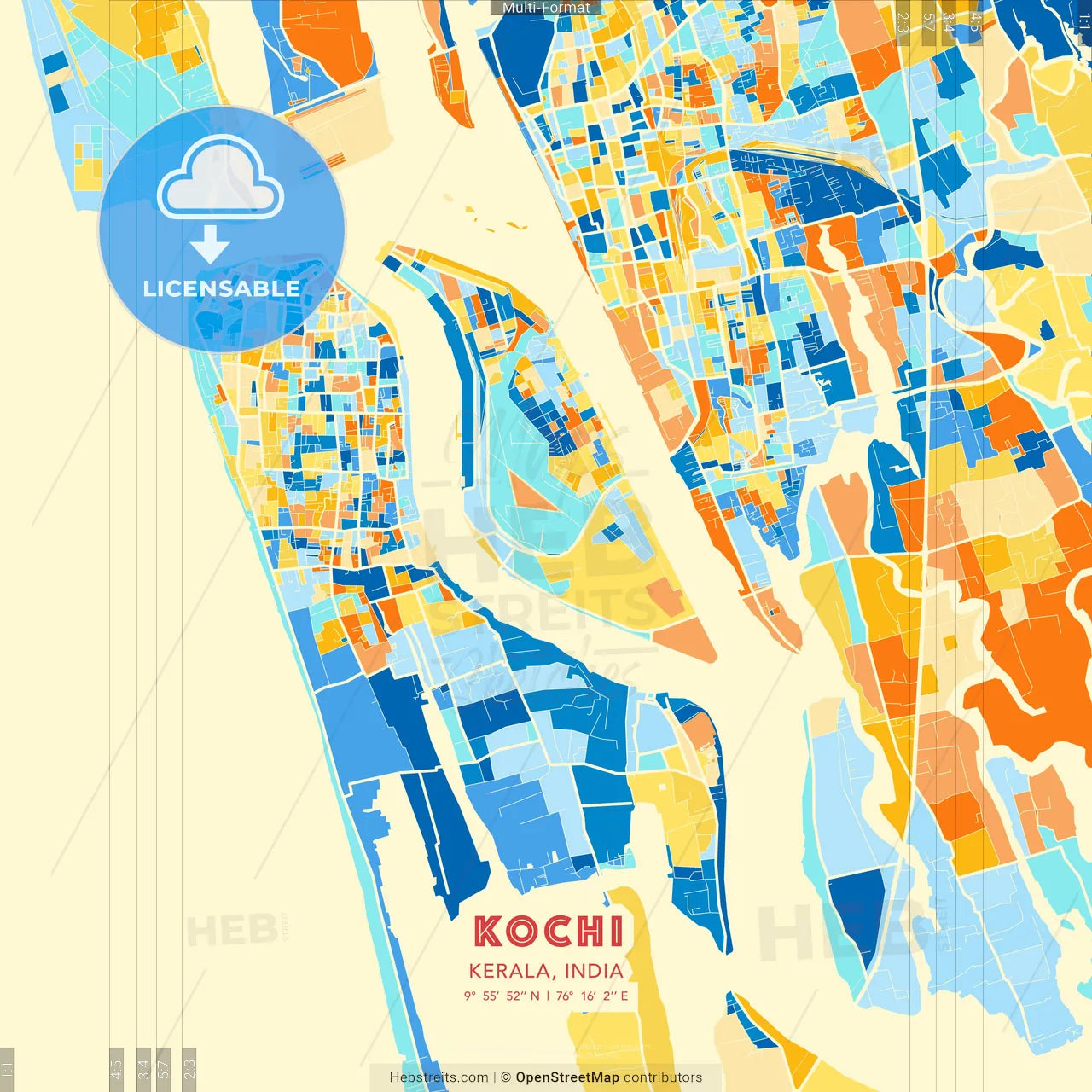 Kochi, Kerala, India blue and orange vector art map template