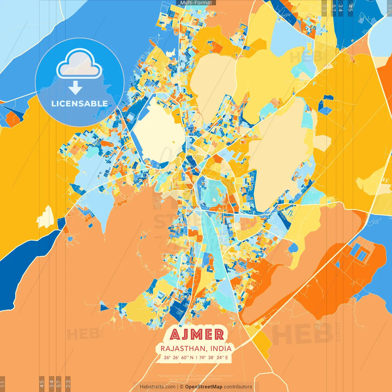 Ajmer, Rajasthan, India blue and orange vector art map template