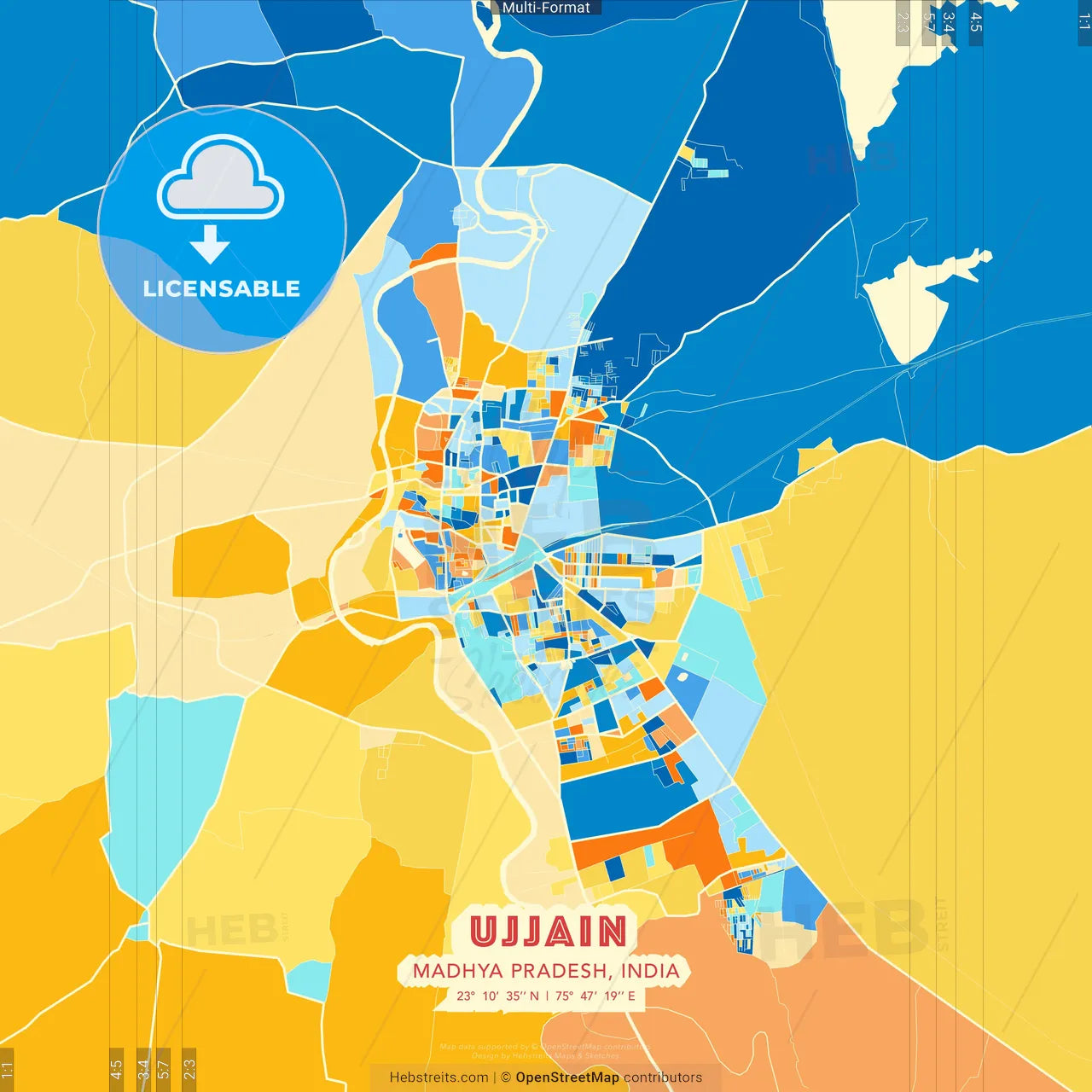 Ujjain, Madhya Pradesh, India blue and orange vector art map template