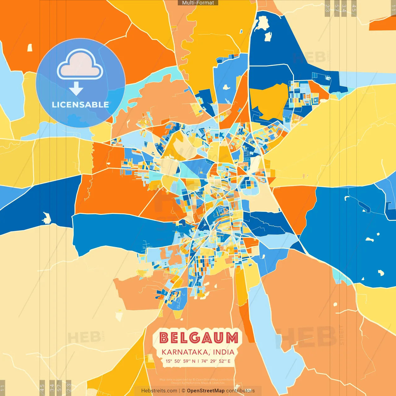 Belgaum, Karnataka, India blue and orange vector art map template