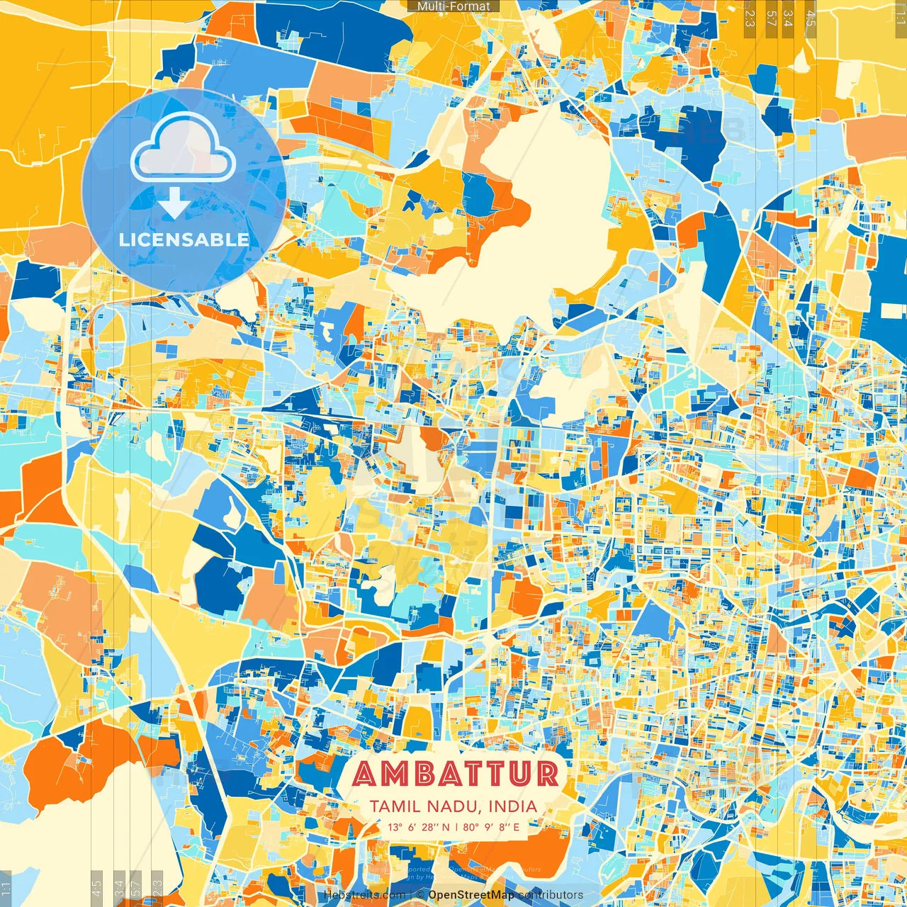 Ambattur, Tamil Nadu, India blue and orange vector art map template