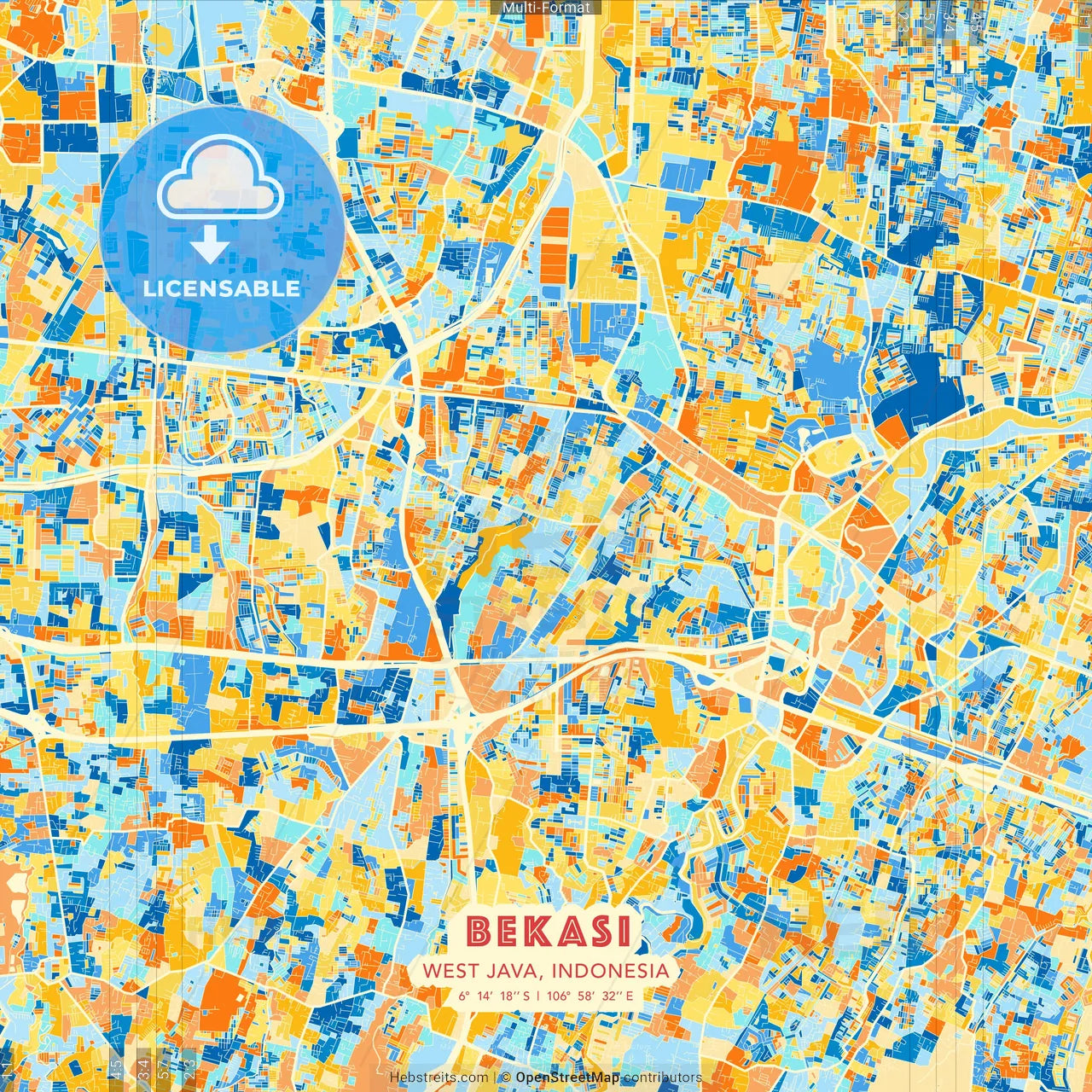 Bekasi, West Java, Indonesia blue and orange vector art map template