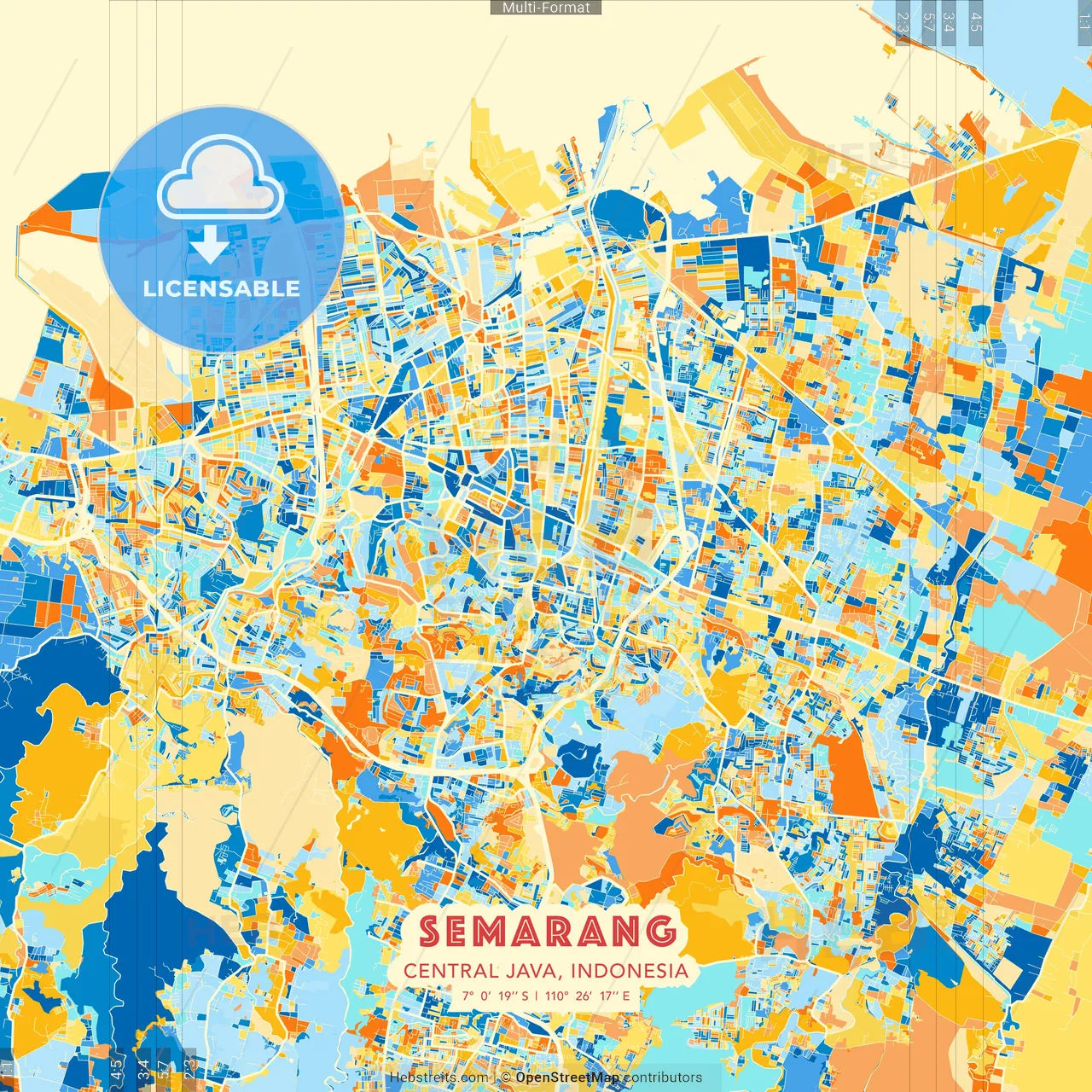 Semarang, Central Java, Indonesia blue and orange vector art map template