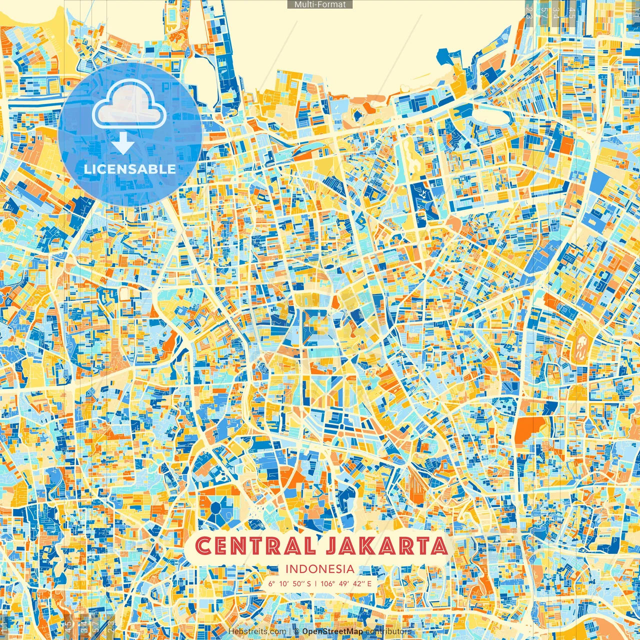 Central Jakarta, Indonesia blue and orange vector art map template