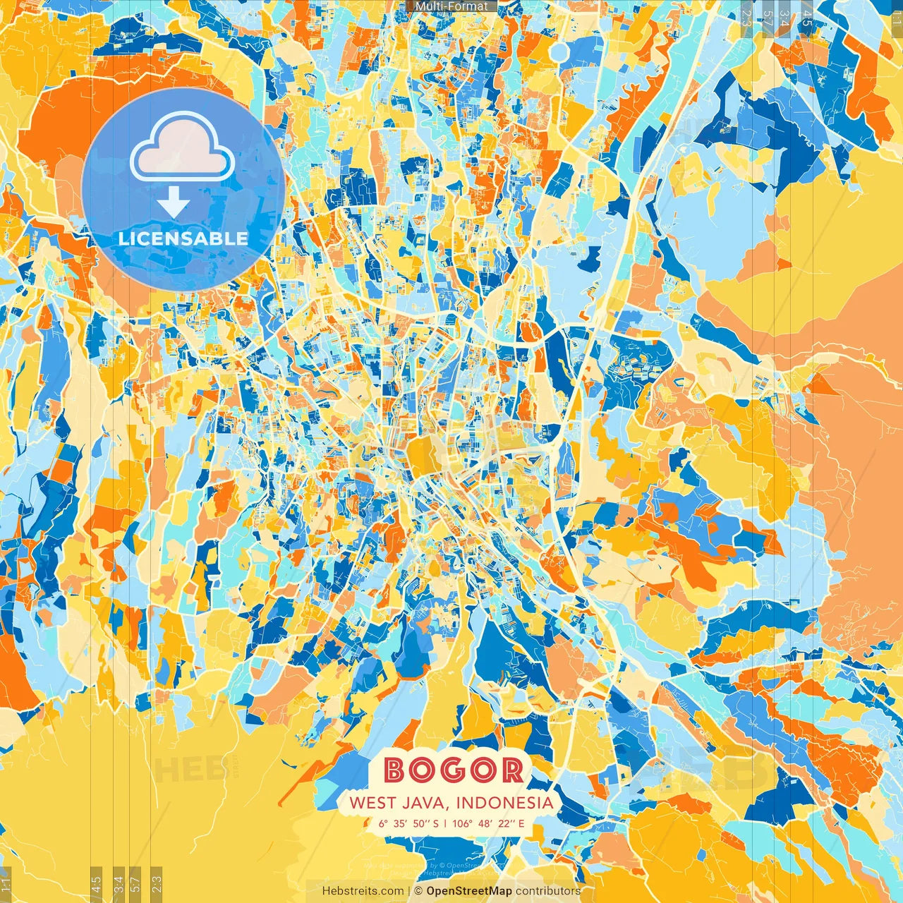 Bogor, West Java, Indonesia blue and orange vector art map template