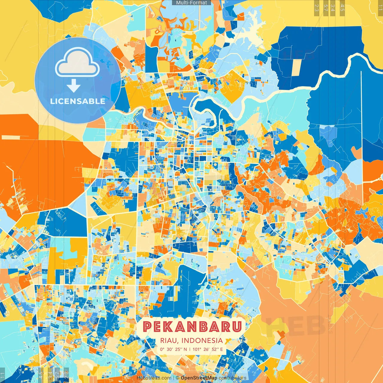 Pekanbaru, Riau, Indonesia blue and orange vector art map template