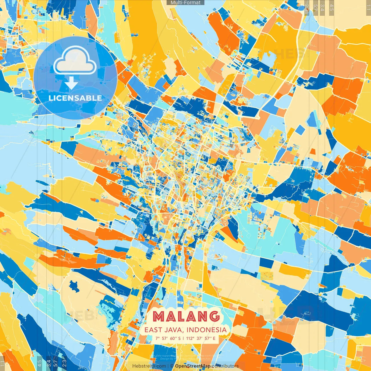 Malang, East Java, Indonesia blue and orange vector art map template