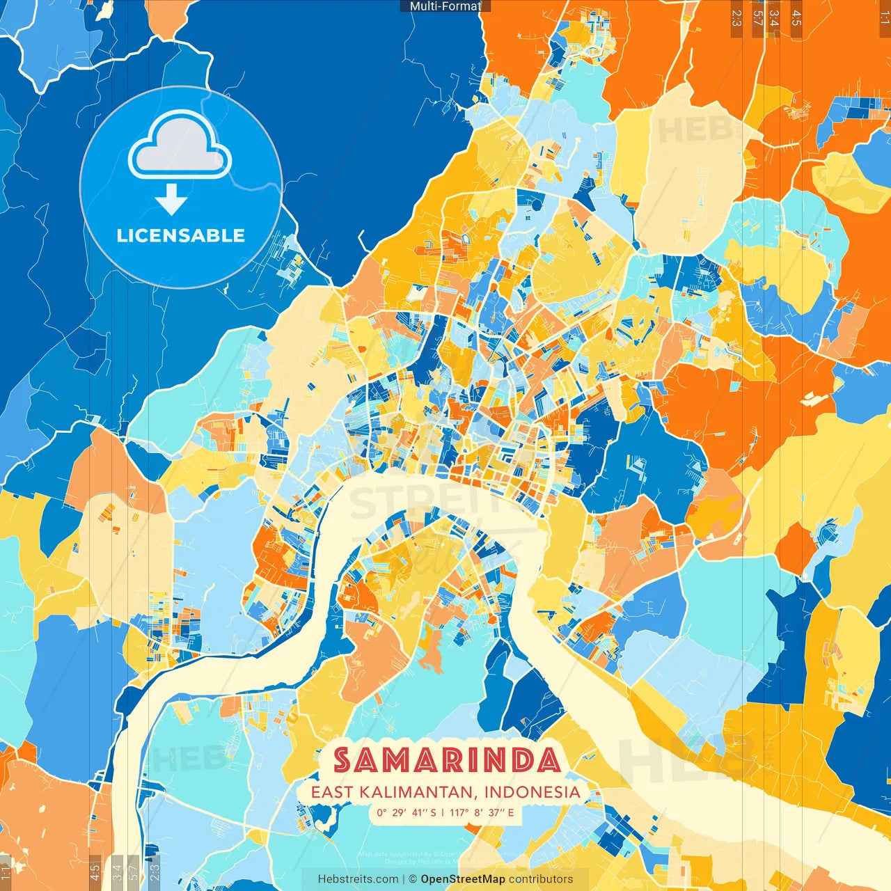 Samarinda, East Kalimantan, Indonesia blue and orange vector art map template