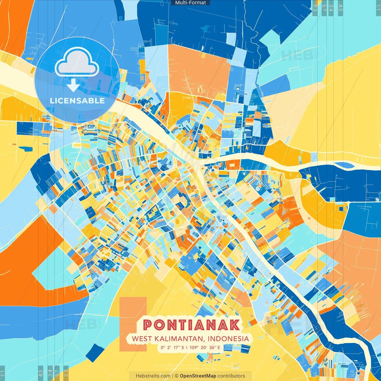 Pontianak, West Kalimantan, Indonesia blue and orange vector art map template