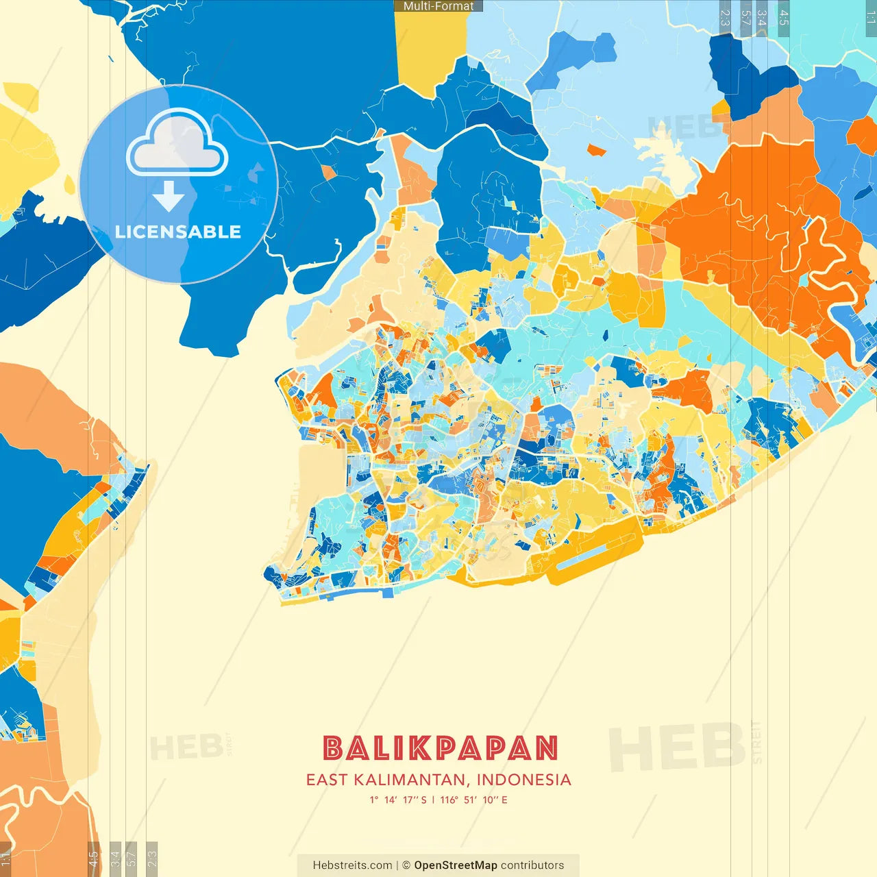 Balikpapan, East Kalimantan, Indonesia blue and orange vector art map template