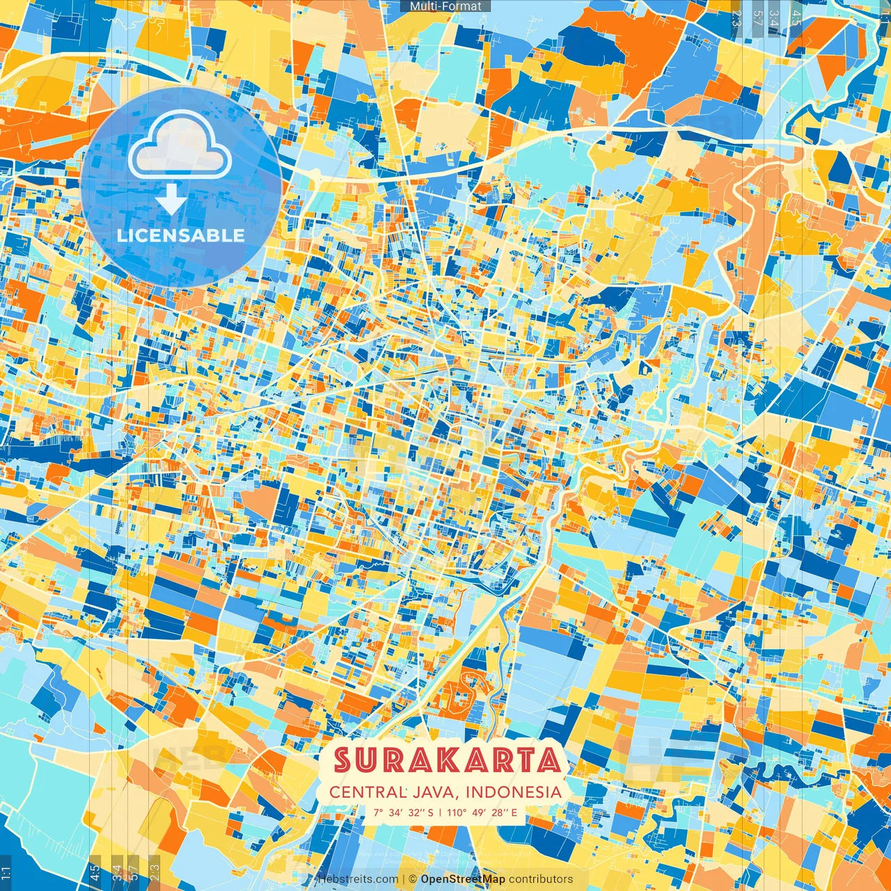 Surakarta, Central Java, Indonesia blue and orange vector art map template