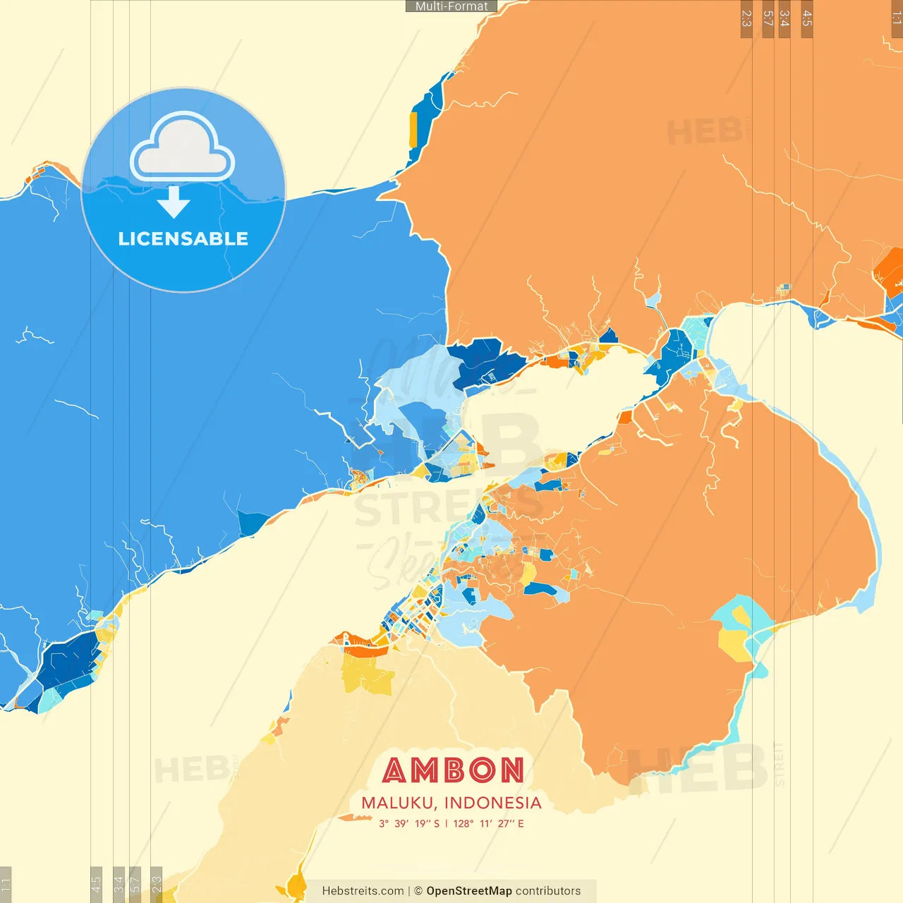 Ambon, Maluku, Indonesia blue and orange vector art map template