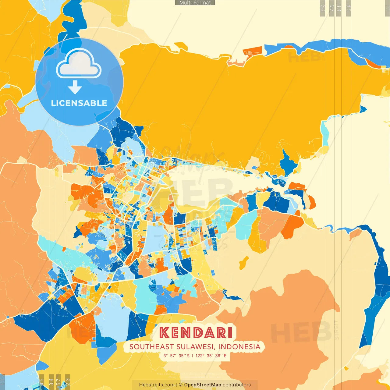Kendari, Southeast Sulawesi, Indonesia blue and orange vector art map template