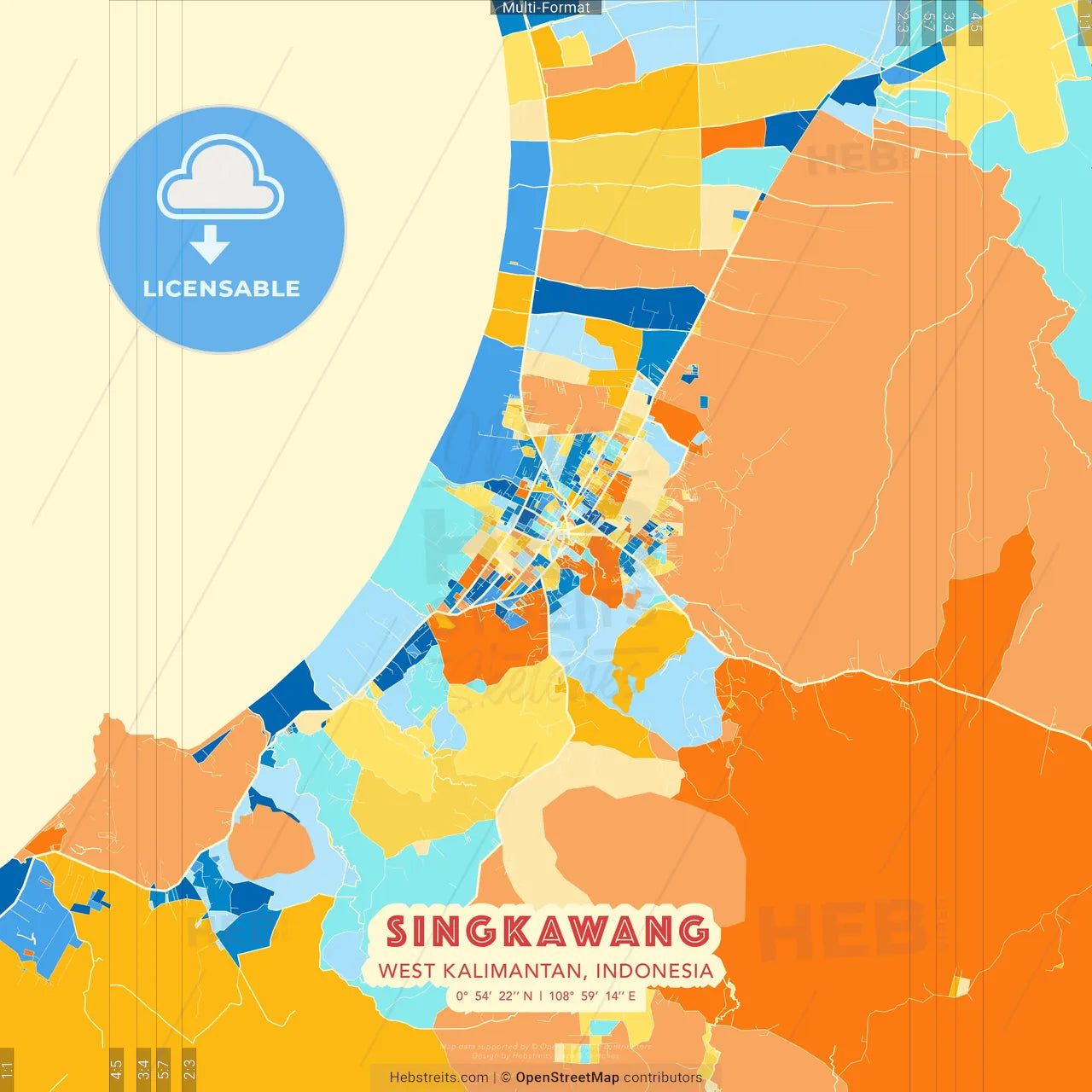 Singkawang, West Kalimantan, Indonesia blue and orange vector art map template