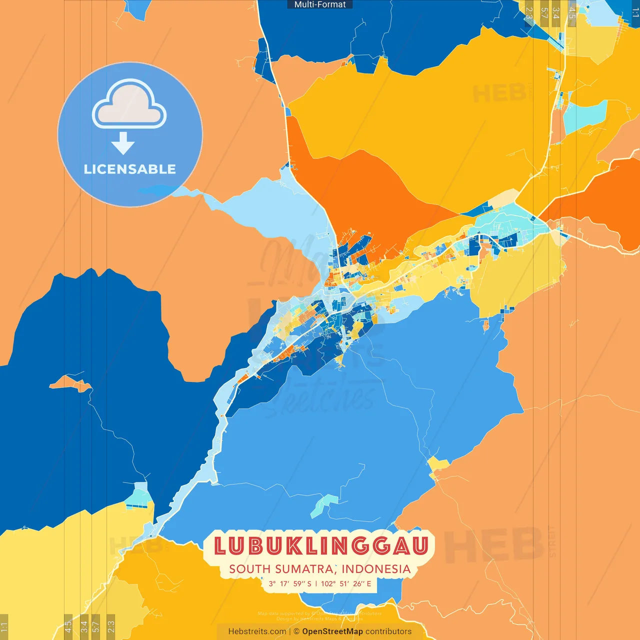 Lubuklinggau, South Sumatra, Indonesia blue and orange vector art map template