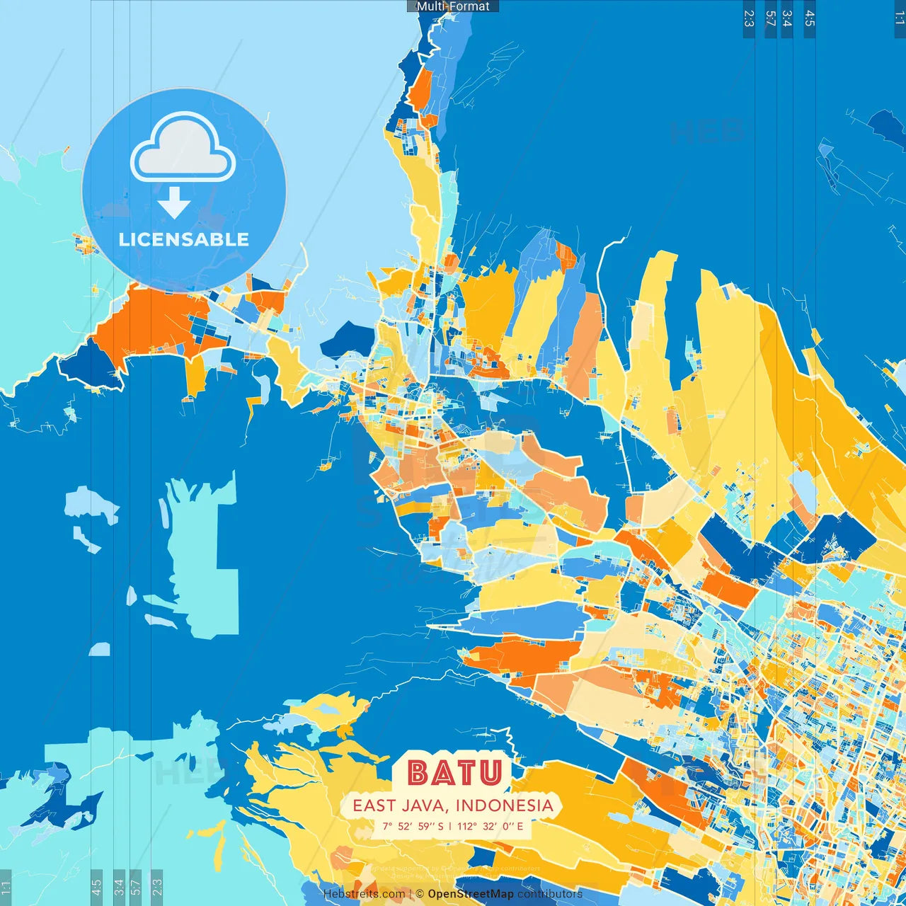 Batu, East Java, Indonesia blue and orange vector art map template