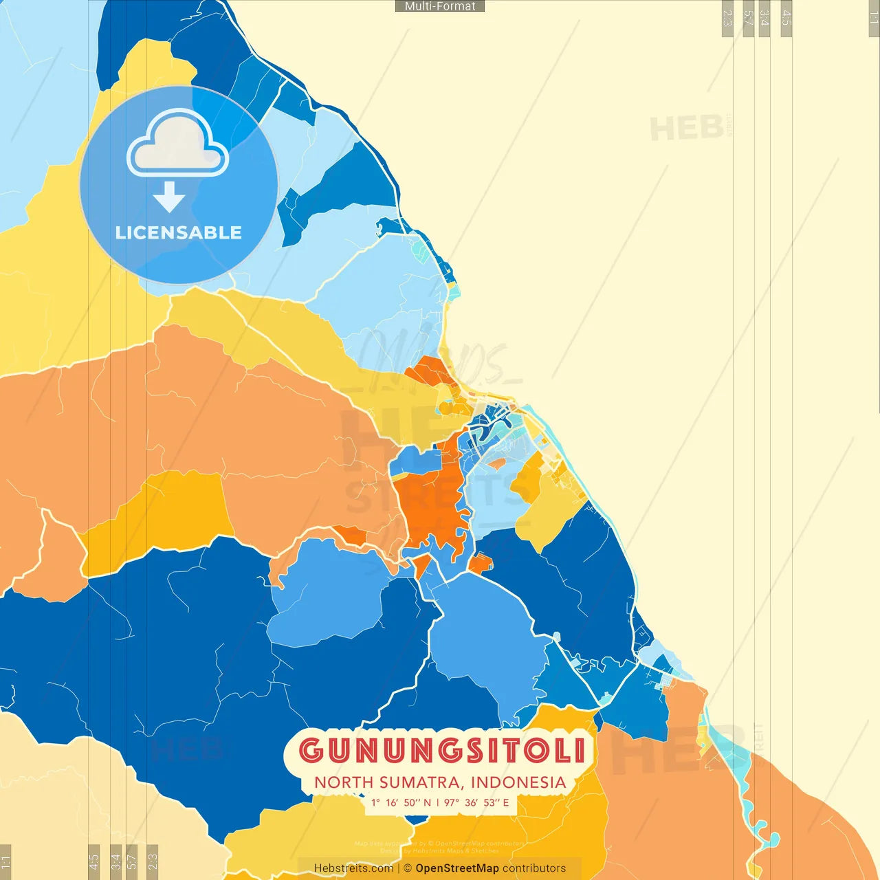 Gunungsitoli, North Sumatra, Indonesia blue and orange vector art map template
