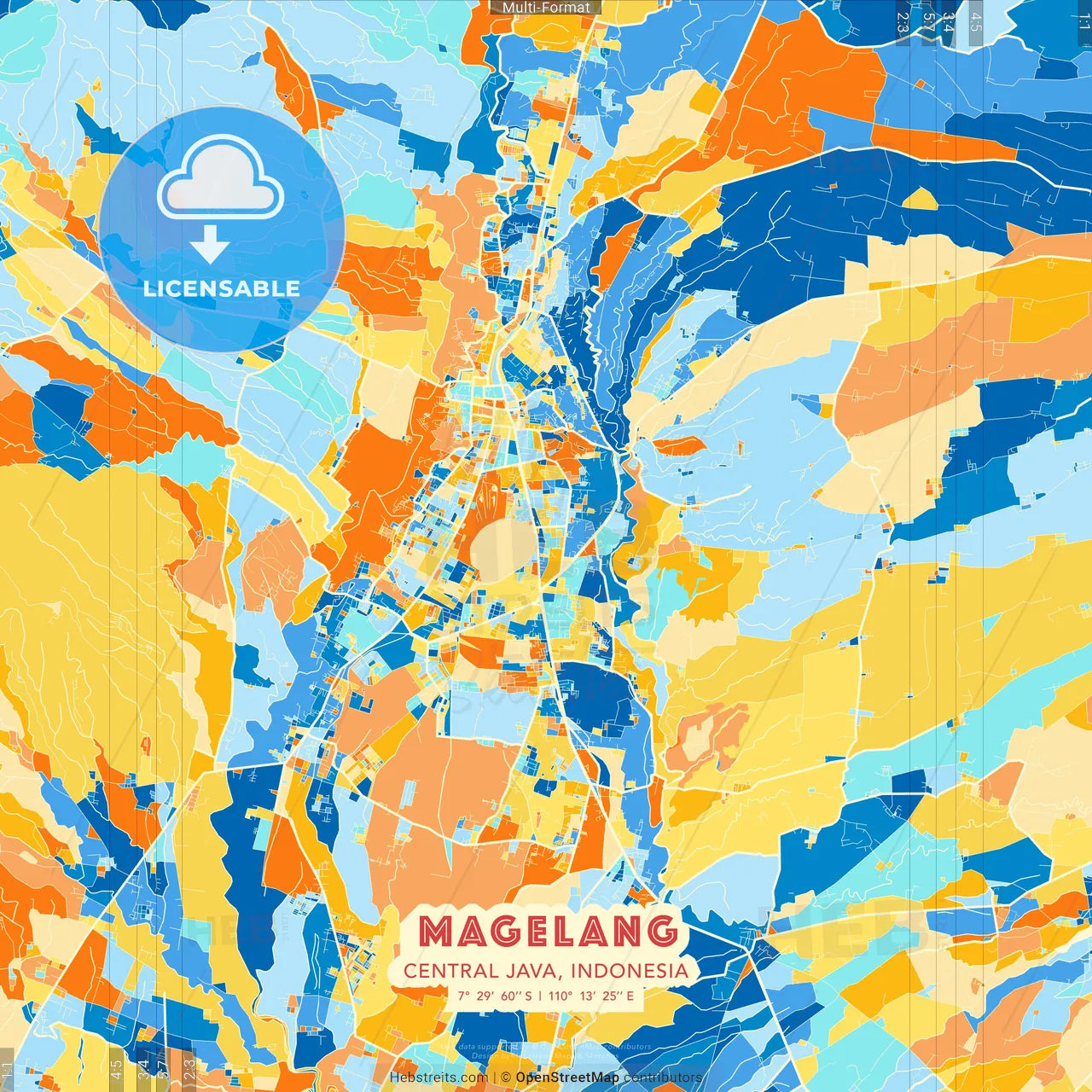 Magelang, Central Java, Indonesia blue and orange vector art map template
