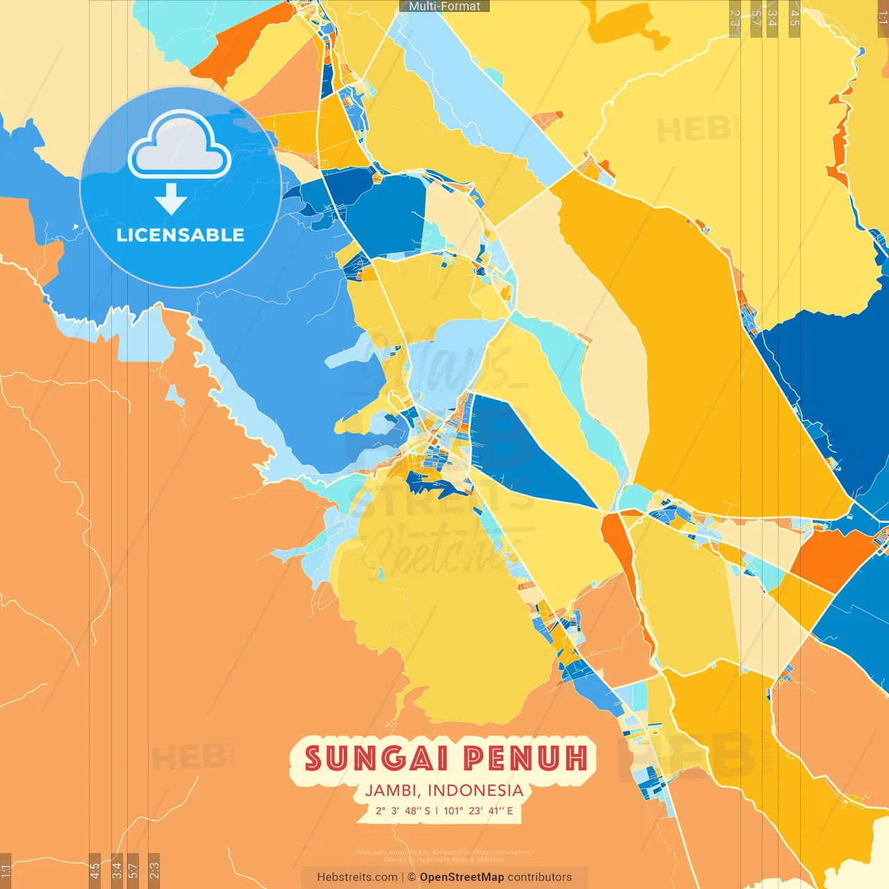 Sungai Penuh, Jambi, Indonesia blue and orange vector art map template