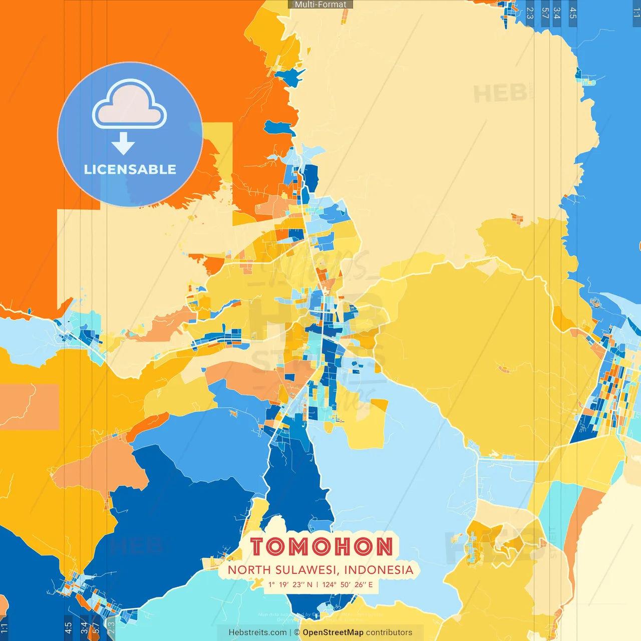 Tomohon, North Sulawesi, Indonesia blue and orange vector art map template