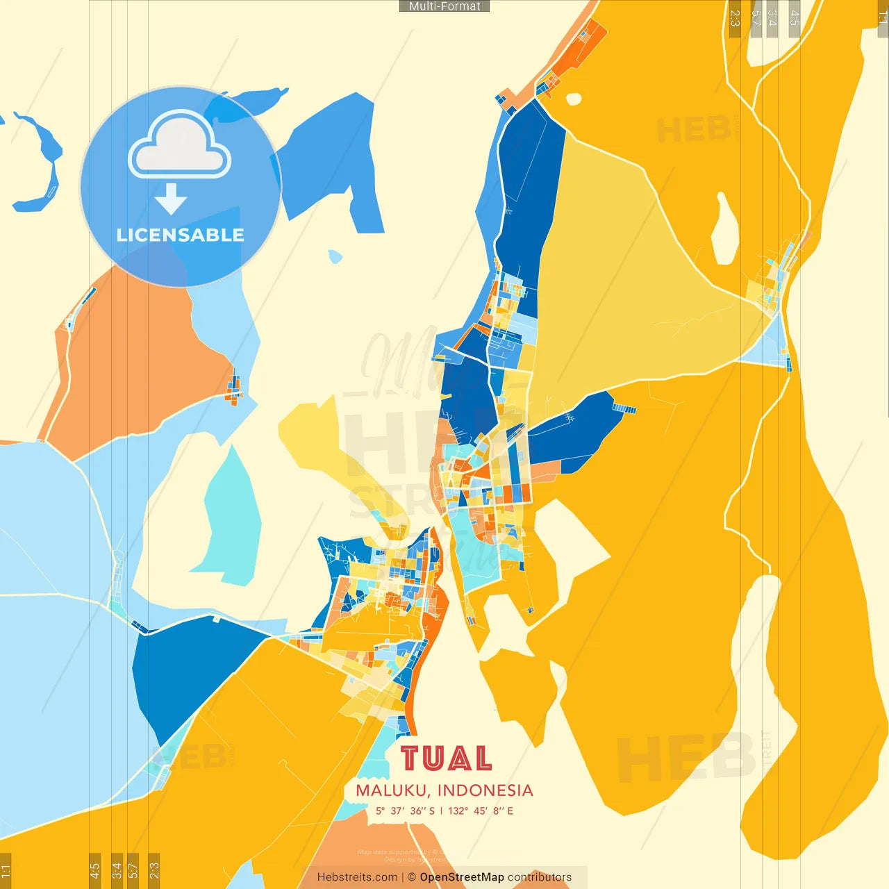 Tual, Maluku, Indonesia blue and orange vector art map template