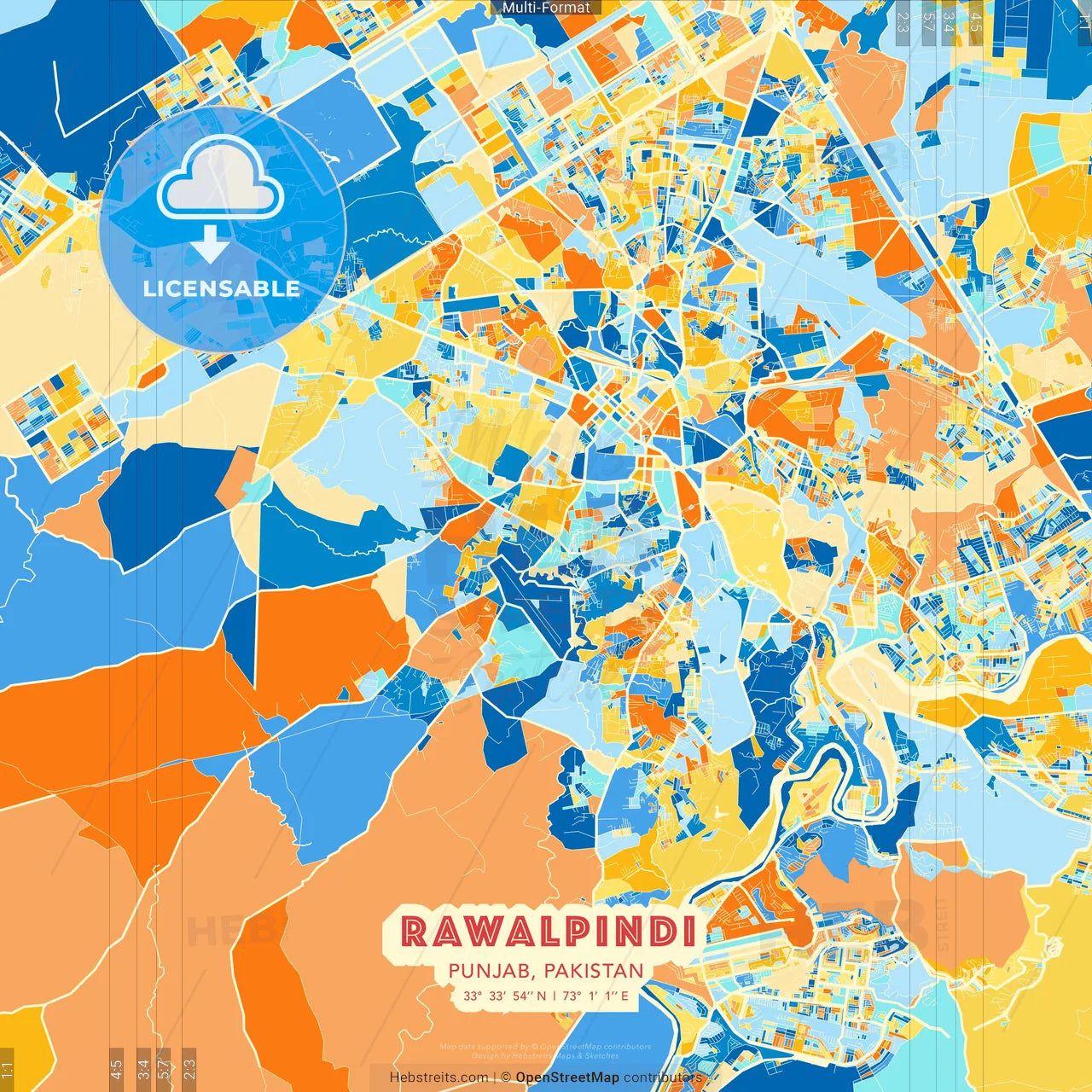 Rawalpindi, Punjab, Pakistan blue and orange vector art map template