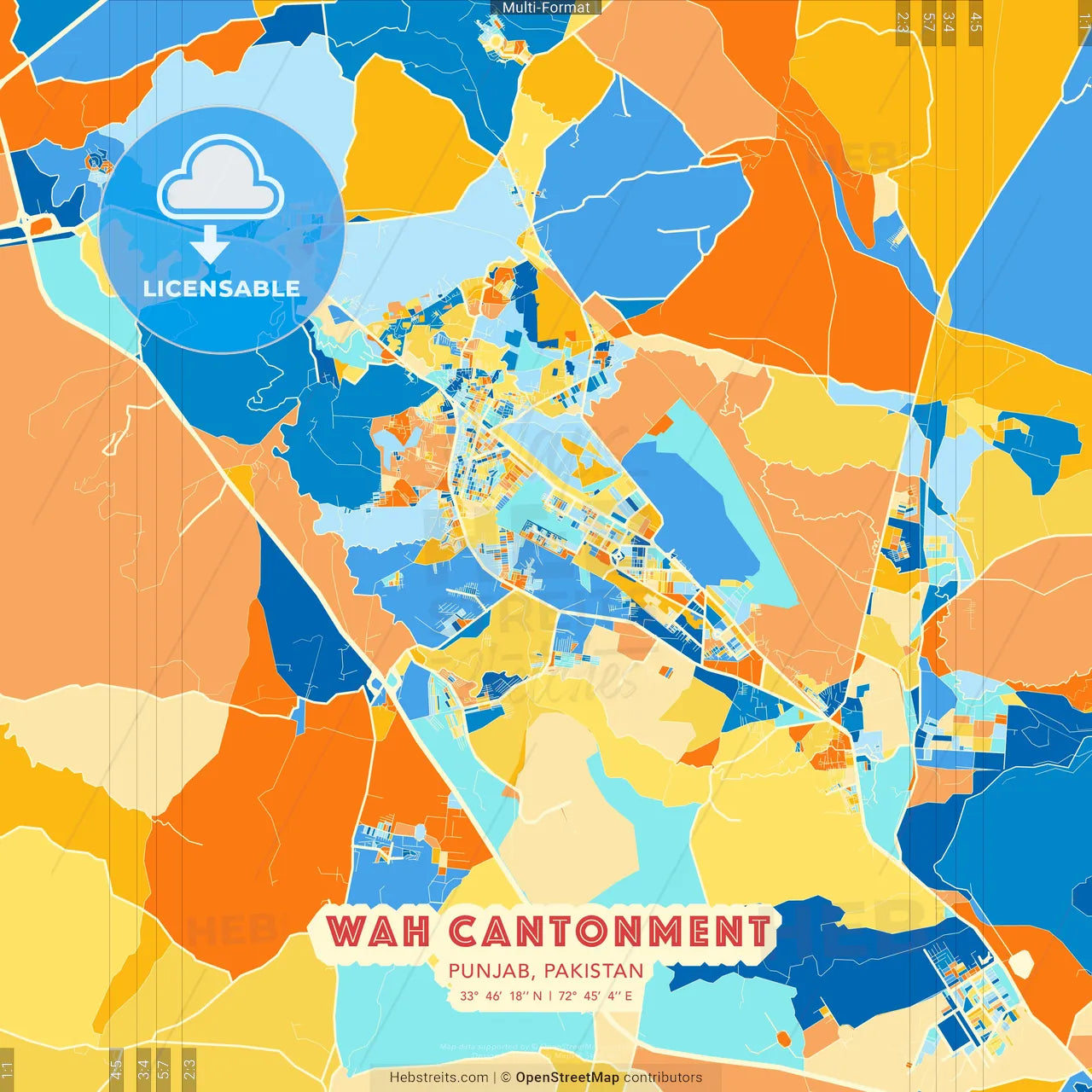 Wah Cantonment, Punjab, Pakistan blue and orange vector art map template