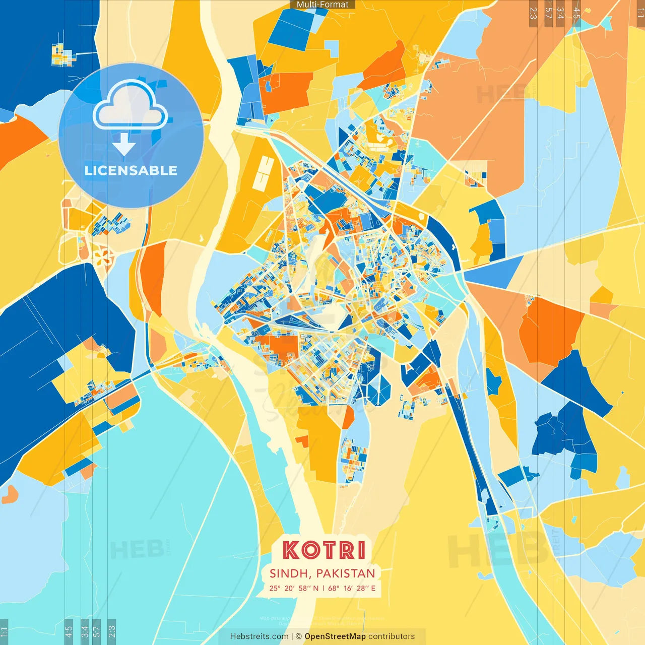 Kotri, Sindh, Pakistan blue and orange vector art map template